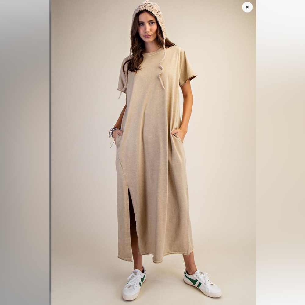 EASEL SML NWT Casual Beige Maxi Shirt Mineral Washed Terry Dress